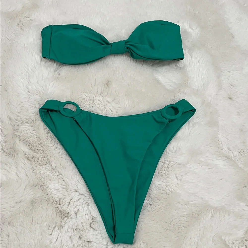 OOKIOH Teal Bandeau Bikini with Ring-Accent Bottoms - Picture 2 of 7